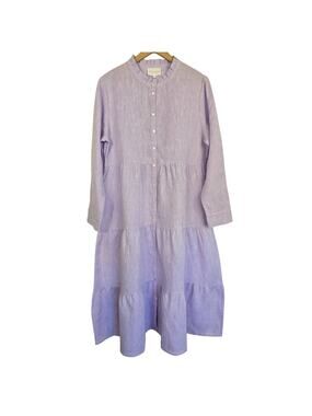 Alice Walk Lavender Purple Linen Tiered Midi Dress Band Collar Size L